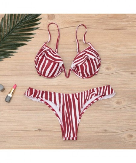 Sets Ruffle Bikini Sexy Women Push up Swimsuit Female Swimwear Dot Striped Thong Bathing Suit - Red - CW18OM4049Z