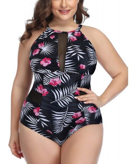 One-Pieces Plus Size One Piece Swimsuit for Women High Neck Plunge Mesh Cutout Monokini Swimwear - Black Feather - CX198Q4MSX5