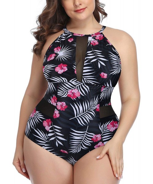 One-Pieces Plus Size One Piece Swimsuit for Women High Neck Plunge Mesh Cutout Monokini Swimwear - Black Feather - CX198Q4MSX5