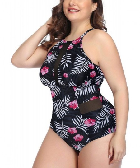 One-Pieces Plus Size One Piece Swimsuit for Women High Neck Plunge Mesh Cutout Monokini Swimwear - Black Feather - CX198Q4MSX5