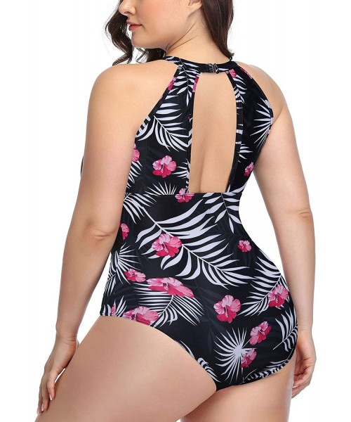 One-Pieces Plus Size One Piece Swimsuit for Women High Neck Plunge Mesh Cutout Monokini Swimwear - Black Feather - CX198Q4MSX5