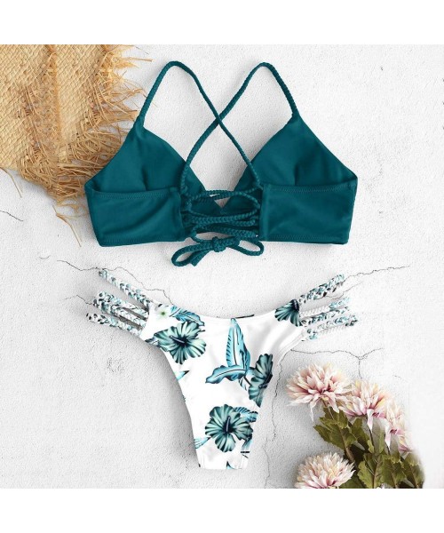 Sets Swimsuits for Women Bikini High Waist-Women's Lace-up Floral Leaf High Waisted Tummy Control Two Piece Tankini Swimsuit ...