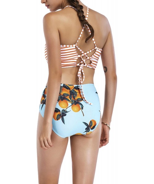 Tops Juniors Bandeau High Neck Bikini Top Cross Tie Back MId Waist Swimsuit - Orange Stripe - CC189Z8XXTE