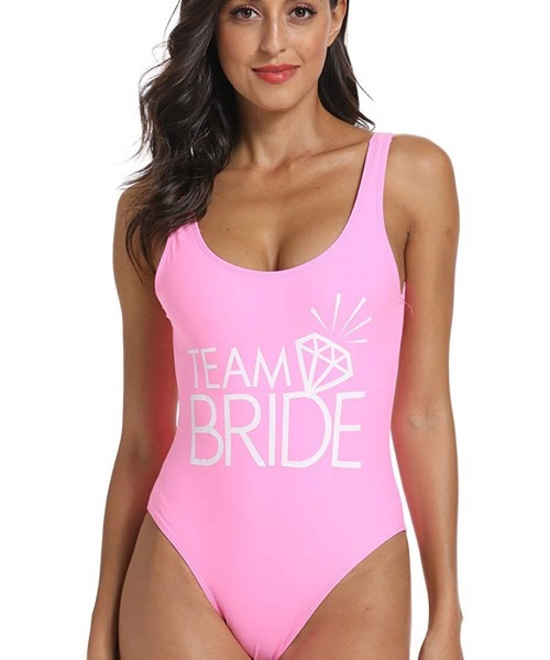 One-Pieces Team Bride Letter Print Diamond Pattern One Piece Swimsuit Bathing Suits - Pink - CA18ED58KA0