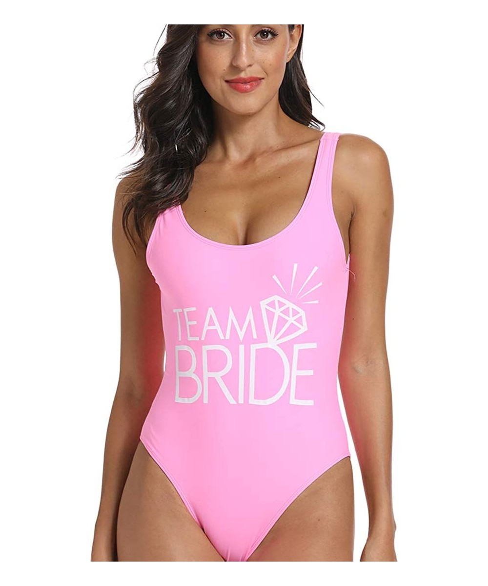 One-Pieces Team Bride Letter Print Diamond Pattern One Piece Swimsuit Bathing Suits - Pink - CA18ED58KA0