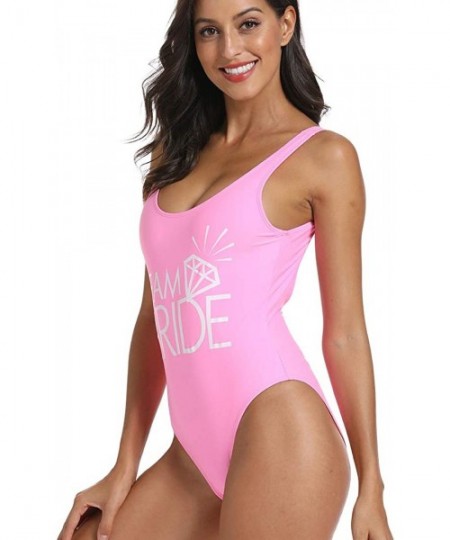 One-Pieces Team Bride Letter Print Diamond Pattern One Piece Swimsuit Bathing Suits - Pink - CA18ED58KA0