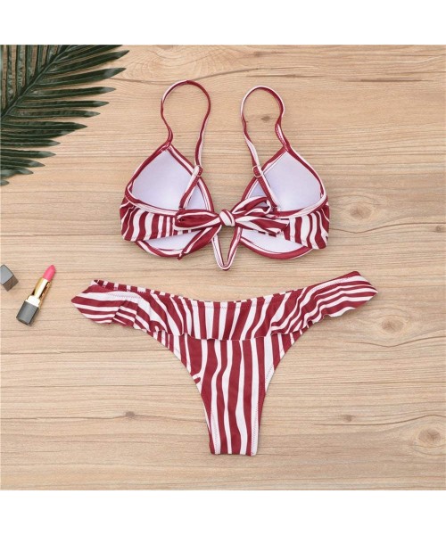 Sets Ruffle Bikini Sexy Women Push up Swimsuit Female Swimwear Dot Striped Thong Bathing Suit - Red - CW18OM4049Z