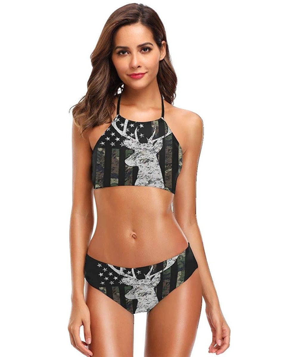 Sets Deer Camo Camouflage American Flag Hunting Two Piece Swimwear Women's Swimsuit Bathing Suit Halter Bikini Set Black - C6...