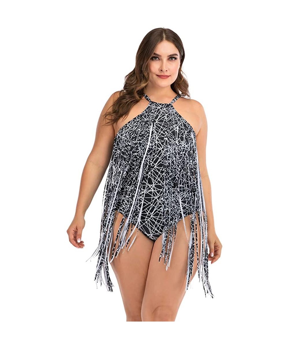 Cover-Ups Women Plus Size One Piece/Two Piece Swimwear Beachwear Fashion Halter Tassel Printed Swimsuit Bathing Suit Black 1 ...