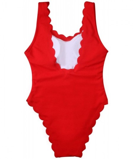 One-Pieces Women's One Piece Wavy Edge Trim Backless Bikini Padded Tummy Control Swimwear Swimsuit Bathing Suit Monokini Red ...