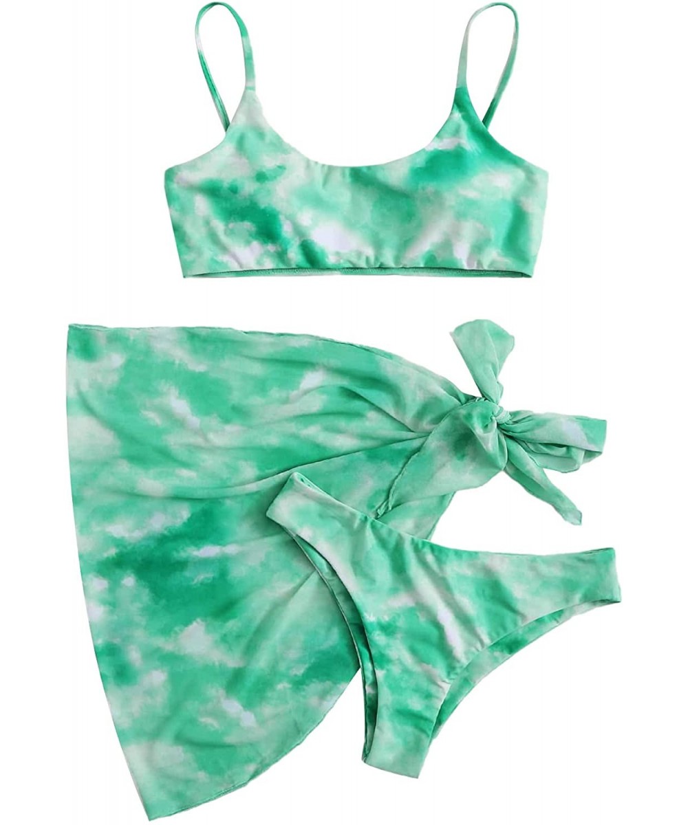 Sets Women's 3 Pieces Swimwear Spaghetti Strap High Cut Bikini Set Swimsuit with Mesh Skirt - Green - C71985476ZA