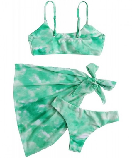 Sets Women's 3 Pieces Swimwear Spaghetti Strap High Cut Bikini Set Swimsuit with Mesh Skirt - Green - C71985476ZA