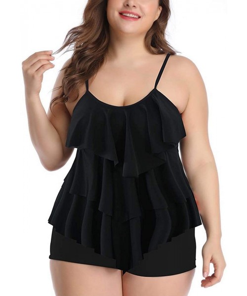 Racing Women Tankini Set Plus Size Swimwear Flounce Printed Two Piece Swimsuits Tummy Control - 19 - CT196ECQ9TU