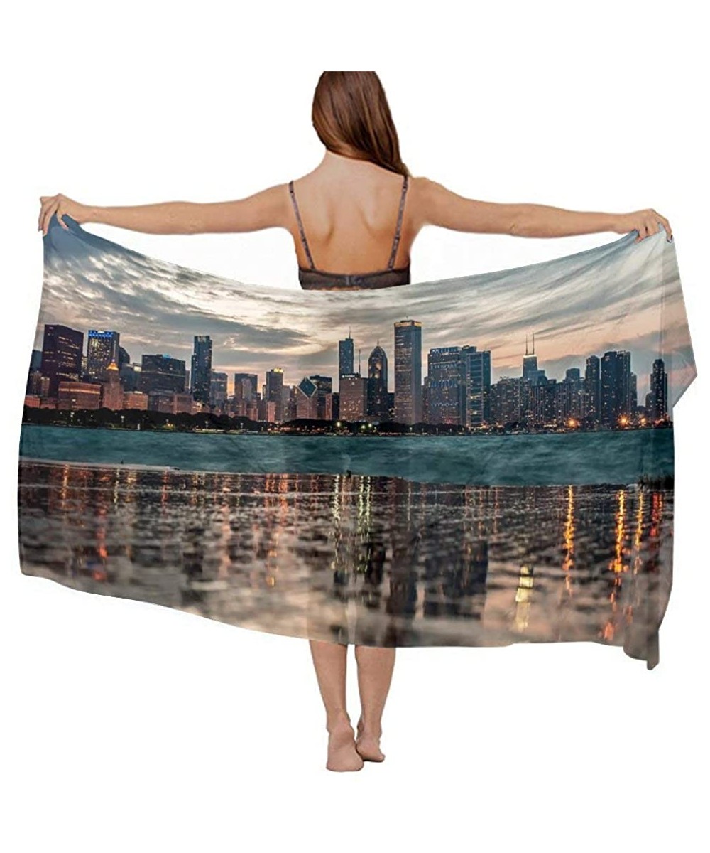 Cover-Ups Women Chiffon Scarf Summer Beach Wrap Skirt Swimwear Bikini Cover-up - Usa Chicago Skyline Night View - CG190HKQLR9