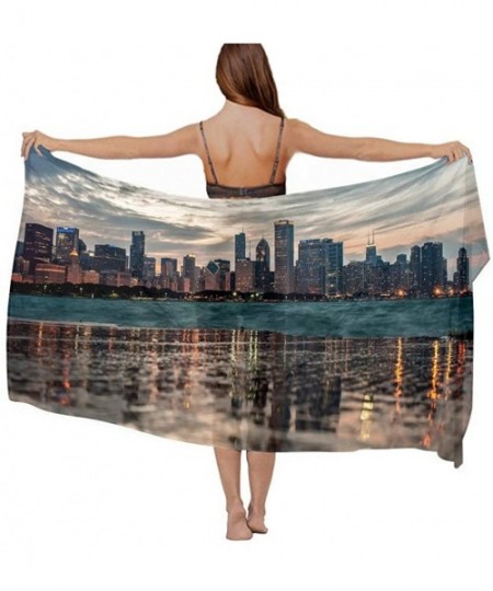 Cover-Ups Women Chiffon Scarf Summer Beach Wrap Skirt Swimwear Bikini Cover-up - Usa Chicago Skyline Night View - CG190HKQLR9