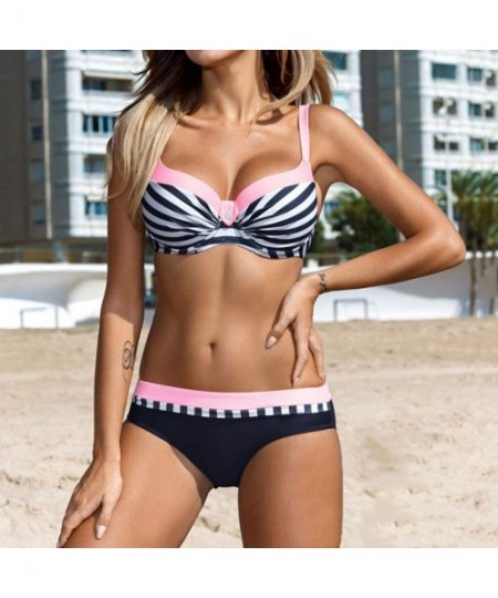 Sets Womens Padded Split Swimsuit Push up Bra Triangle Solid Color Stitching Print Sling Bikini Set Swimwear Beachwear Pink -...