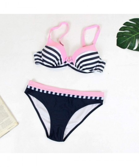 Sets Womens Padded Split Swimsuit Push up Bra Triangle Solid Color Stitching Print Sling Bikini Set Swimwear Beachwear Pink -...