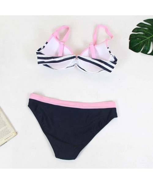 Sets Womens Padded Split Swimsuit Push up Bra Triangle Solid Color Stitching Print Sling Bikini Set Swimwear Beachwear Pink -...