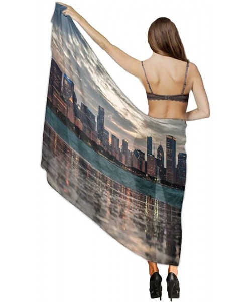 Cover-Ups Women Chiffon Scarf Summer Beach Wrap Skirt Swimwear Bikini Cover-up - Usa Chicago Skyline Night View - CG190HKQLR9