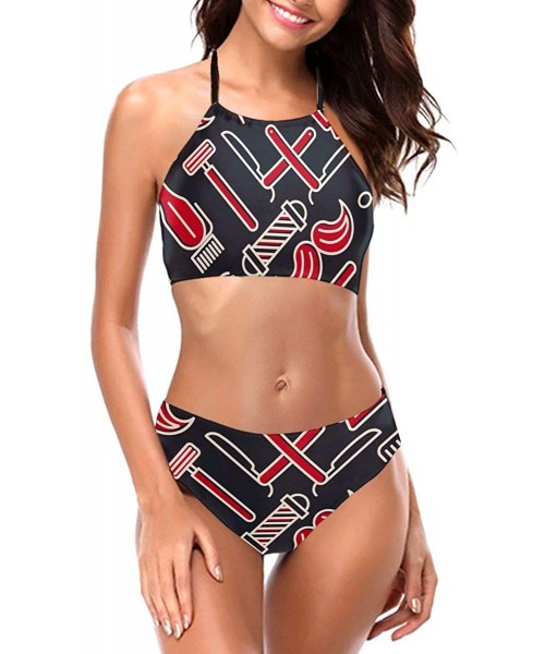 Sets Womens Bikini Set Play Cards Heart Spades Four Aces Halter Two Piece Swimwear - Barber Shop of Thin Line - CS190TI6CLU