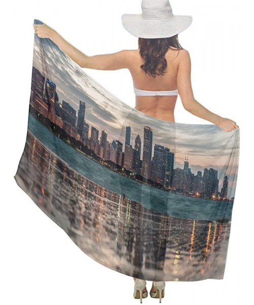 Cover-Ups Women Chiffon Scarf Summer Beach Wrap Skirt Swimwear Bikini Cover-up - Usa Chicago Skyline Night View - CG190HKQLR9