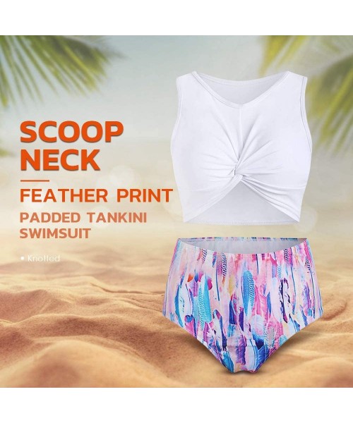 Racing Summer Women'sscoop Neck Feather Print Padded Tankini Swimsuit - Pig Pink - CN18UU8SC0N