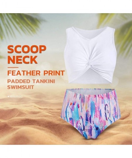 Racing Summer Women'sscoop Neck Feather Print Padded Tankini Swimsuit - Pig Pink - CN18UU8SC0N