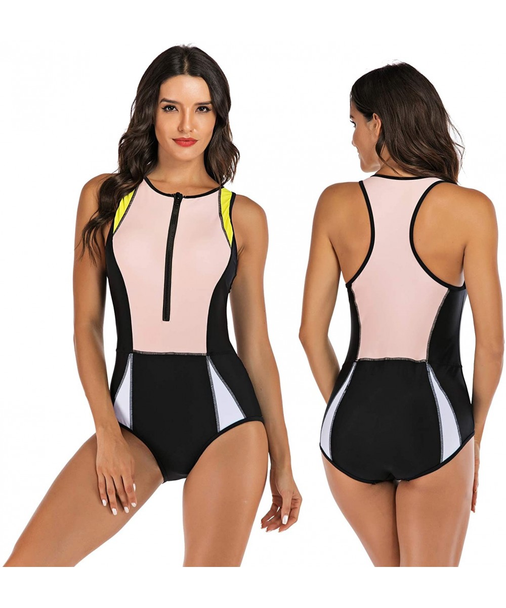 One-Pieces Women's Rashguard Half Sleeve One Piece Zip UV Protection Surfing Swimsuit Swimwear Bathing Suits - Peachy Beige -...