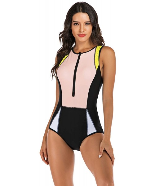 One-Pieces Women's Rashguard Half Sleeve One Piece Zip UV Protection Surfing Swimsuit Swimwear Bathing Suits - Peachy Beige -...