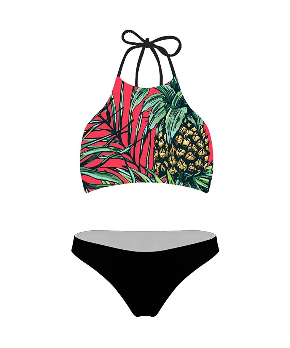 Sets Womens Padded Two Piece Halter Bikini Swimsuit Trikini Quick Dry Hawaiian Tropical Pineapple - Pineapple-6 - CZ195UGW9YU