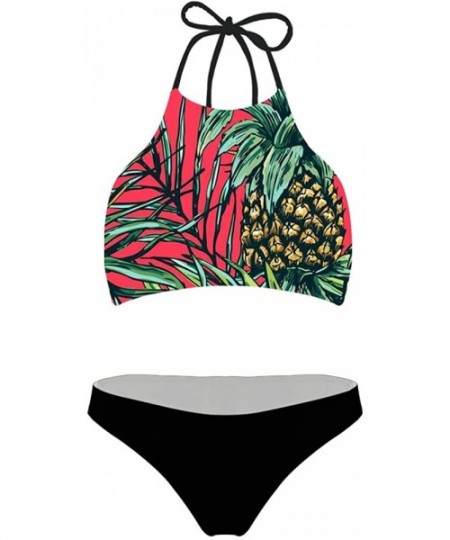 Sets Womens Padded Two Piece Halter Bikini Swimsuit Trikini Quick Dry Hawaiian Tropical Pineapple - Pineapple-6 - CZ195UGW9YU