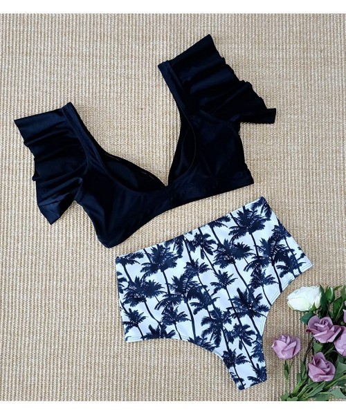 Sets Women Ruffle High Waist Swimsuit Two Pieces Push Up Tropical Print Bikini - Palm Tree - C319EDKT2Q8