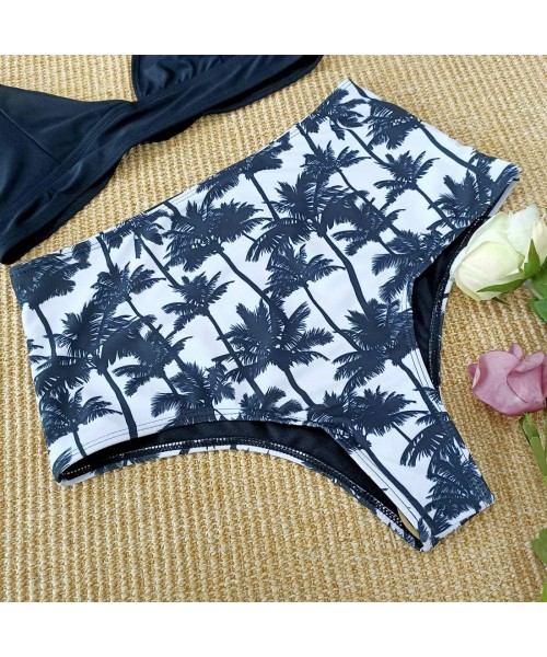 Sets Women Ruffle High Waist Swimsuit Two Pieces Push Up Tropical Print Bikini - Palm Tree - C319EDKT2Q8