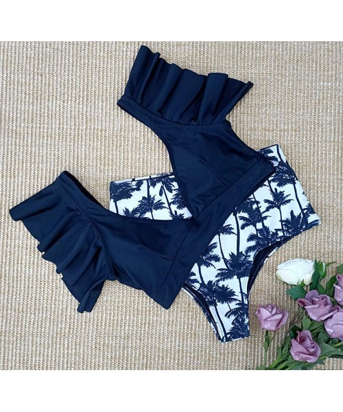 Sets Women Ruffle High Waist Swimsuit Two Pieces Push Up Tropical Print Bikini - Palm Tree - C319EDKT2Q8