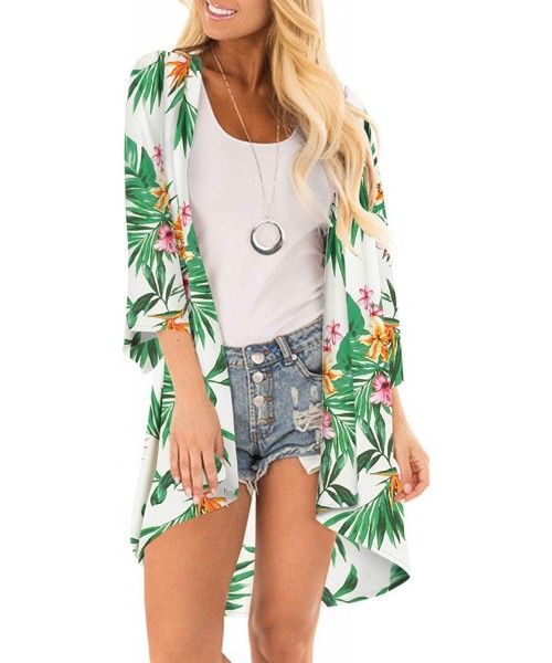 Cover-Ups Women's Floral Print Kimono Sheer Chiffon Loose Cardigan - 01-white Floral - CZ196UL8NTS