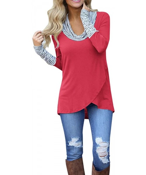 Rash Guards Womens Thin Layered O-Neck Stripe Long Sleeve Sweatshirt Tops Blouse Shirt - Red - CK18O4UEO93