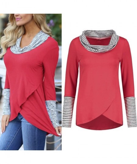 Rash Guards Womens Thin Layered O-Neck Stripe Long Sleeve Sweatshirt Tops Blouse Shirt - Red - CK18O4UEO93