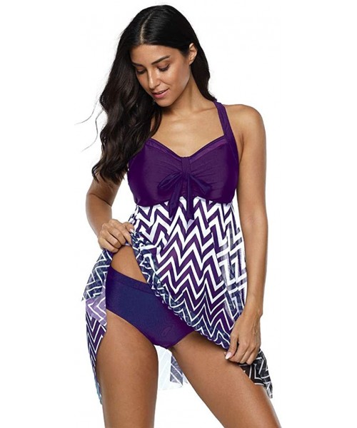 Racing Plus Size Swimdress-Women Plus Size Takini Mesh Patchwork Print Swimsuit Beachwear Padded Swimwear - Purple - CT194MUOKK7