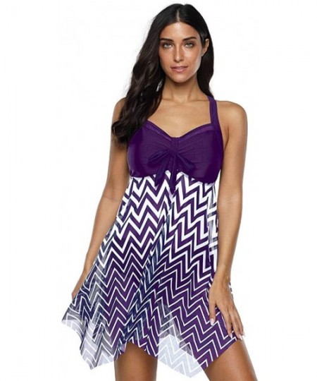 Racing Plus Size Swimdress-Women Plus Size Takini Mesh Patchwork Print Swimsuit Beachwear Padded Swimwear - Purple - CT194MUOKK7