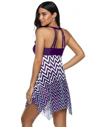 Racing Plus Size Swimdress-Women Plus Size Takini Mesh Patchwork Print Swimsuit Beachwear Padded Swimwear - Purple - CT194MUOKK7