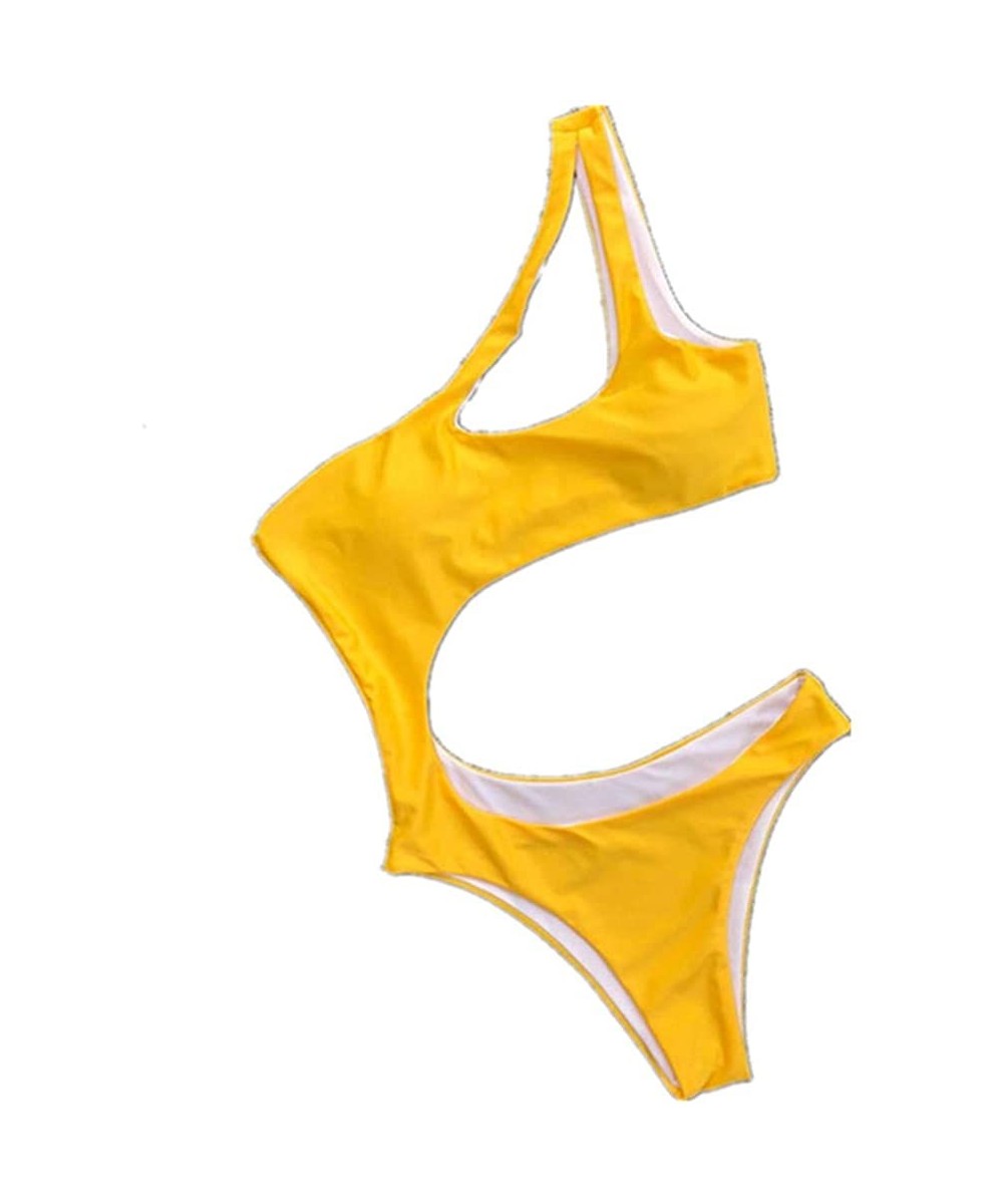 One-Pieces Women's One Piece Swimsuit Cutout Asymmetrical One Shoulder Swimwear Bikini Padding Bra Bathing Suit - Yellow - CB...