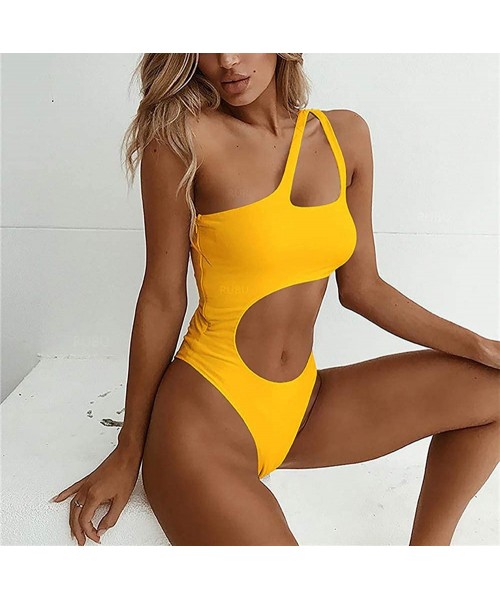 One-Pieces Women's One Piece Swimsuit Cutout Asymmetrical One Shoulder Swimwear Bikini Padding Bra Bathing Suit - Yellow - CB...