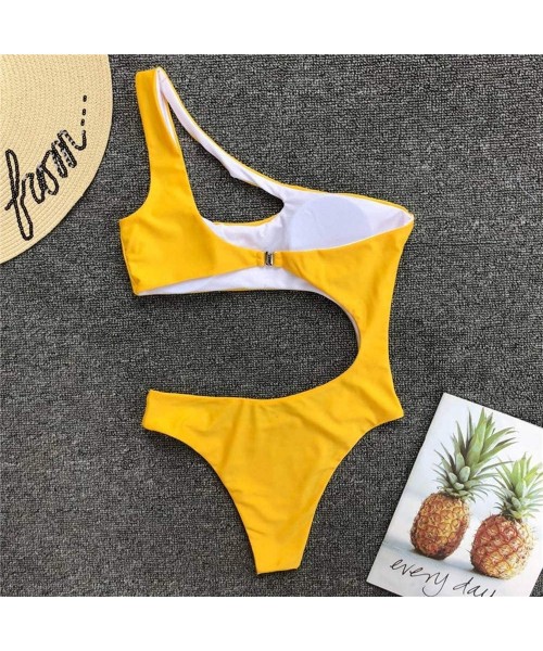 One-Pieces Women's One Piece Swimsuit Cutout Asymmetrical One Shoulder Swimwear Bikini Padding Bra Bathing Suit - Yellow - CB...