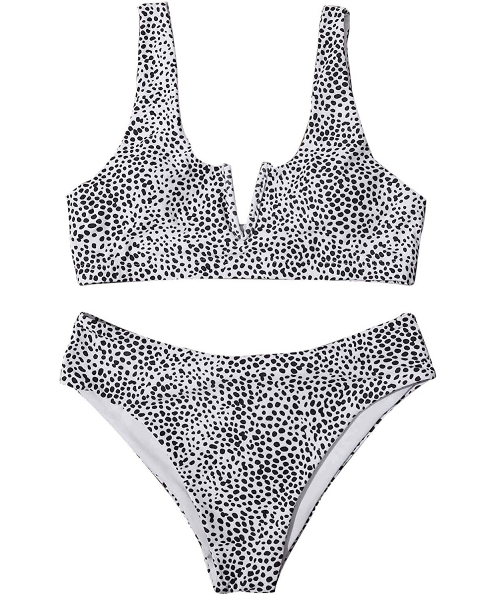 Tops Women's Dalmatian Notched Neck Tank Top and High Waist Bikini Swimsuit - Black and White - C4190HMI8IX