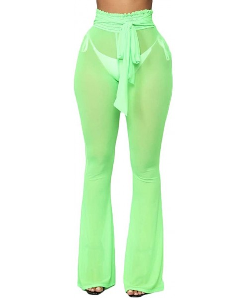 Bottoms Women's See Through Sheer Mesh Long Pants Trousers Swimwear Bikini Bottom Cover Up - Green - CT18RDQHKSO