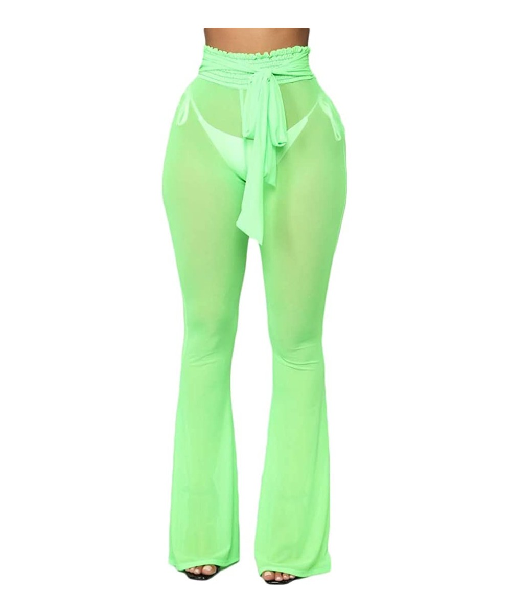 Bottoms Women's See Through Sheer Mesh Long Pants Trousers Swimwear Bikini Bottom Cover Up - Green - CT18RDQHKSO