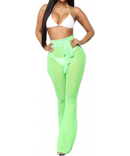 Bottoms Women's See Through Sheer Mesh Long Pants Trousers Swimwear Bikini Bottom Cover Up - Green - CT18RDQHKSO