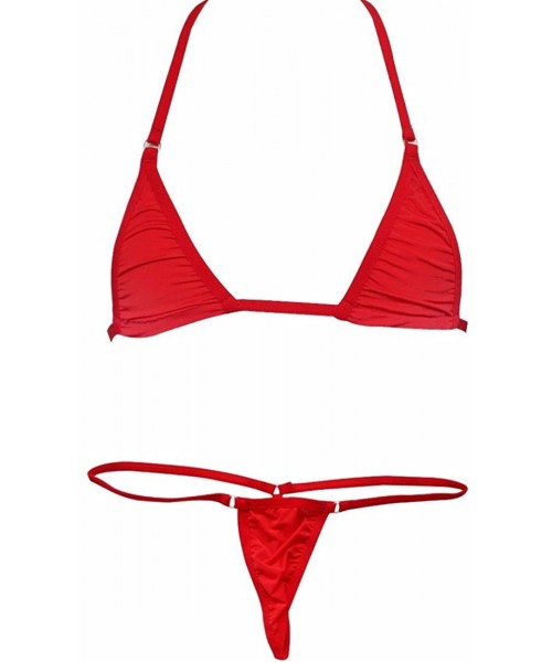 Sets Women's Halter-Neck Mini Bikini Swimsuit Sheer Top Bra with Micro Thong G-String Set - Red - CI193G62DQO