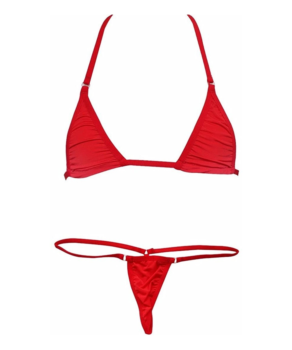 Sets Women's Halter-Neck Mini Bikini Swimsuit Sheer Top Bra with Micro Thong G-String Set - Red - CI193G62DQO