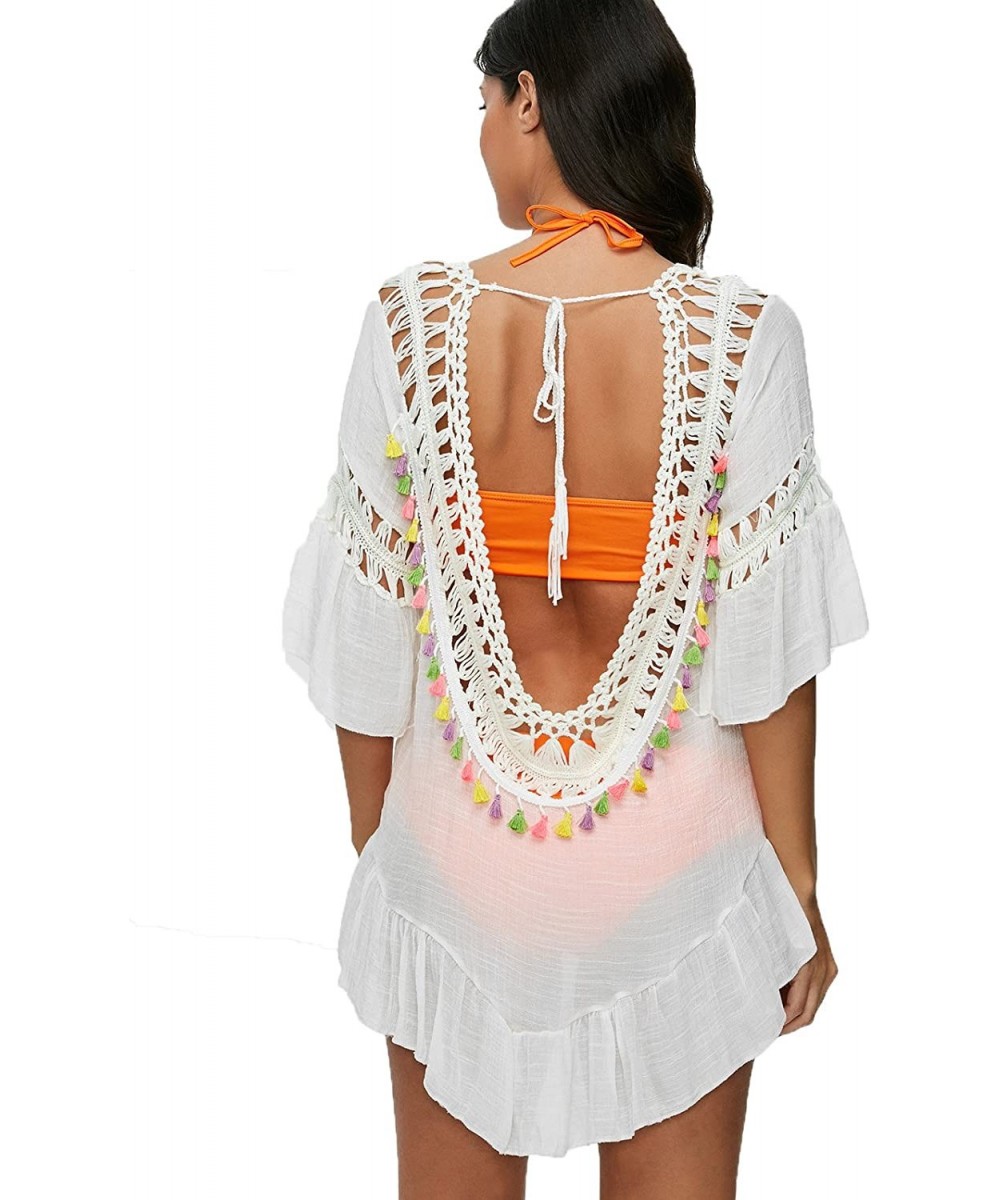 Cover-Ups Blue Island Women's Tassel Crochet Tunic Swim Cover Up- Multi Off-White - CG17YGT9Y6T